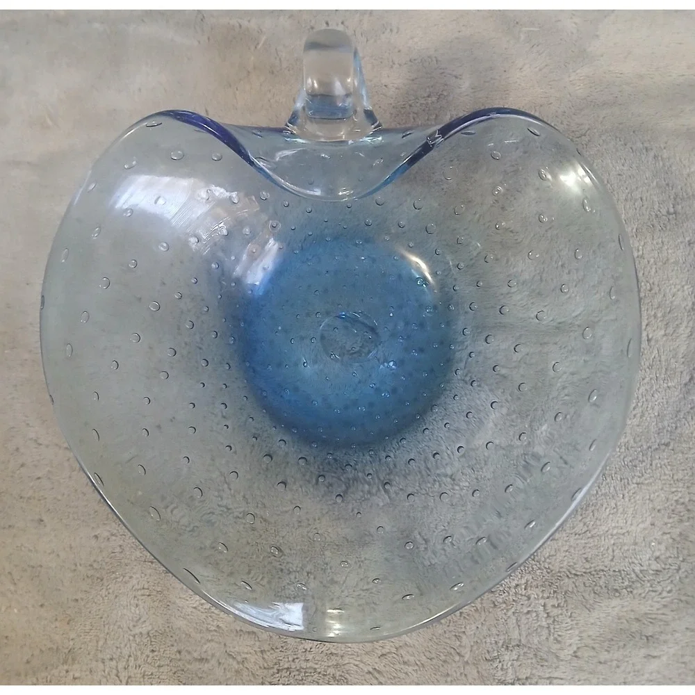 Vintage Blue Controlled Bubble Art Glass Heart Shaped Nappy Bowl with Handle MCM